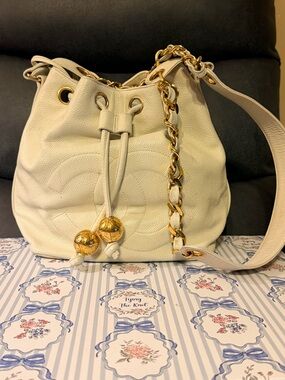Authentic Cream White Leather Drawstring Bucket Bag with Gold Chain